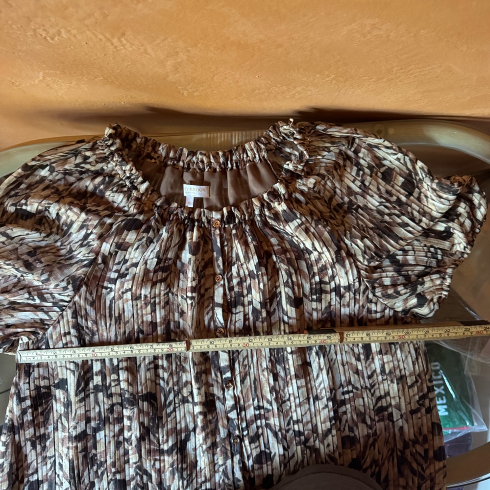 Ramy Brook Lined Pleated Blouse XL Elastic Neck Puff Sleeve - Picture 9 of 10